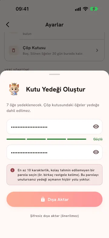 Backup screen with the password entered twice and the strength meter at "Strong"