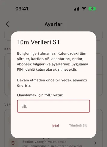 Delete All Data confirmation with the field where you type SİL