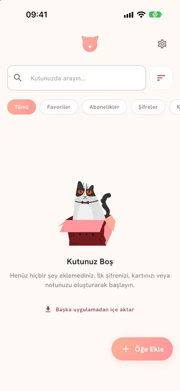 Empty home screen with the import-from-another-app button