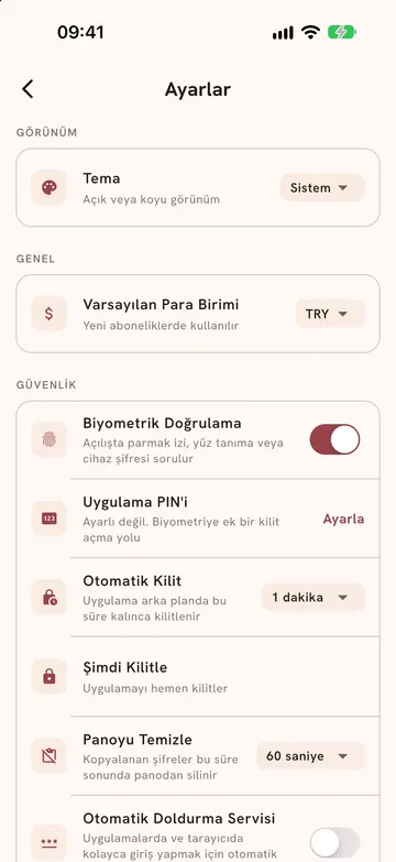 Security section of Settings: biometrics, app PIN, auto-lock, clipboard