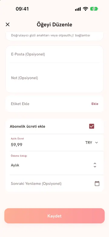 Edit form with the subscription section: monthly fee 59.99 TRY, monthly cycle
