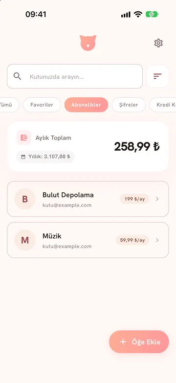 Home screen with the Subscriptions filter and the monthly total card