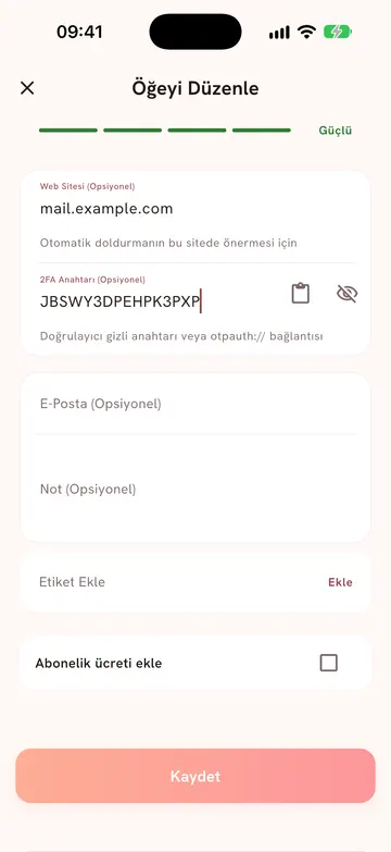 Edit form with an example key pasted into the 2FA key field